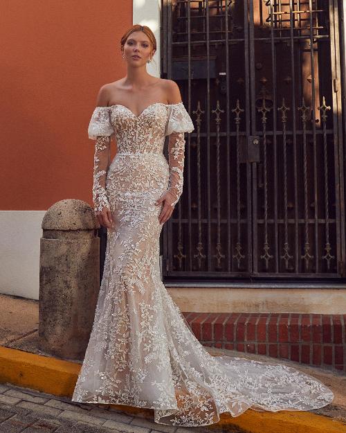 La23113 off the shoulder long sleeve wedding dress with lace1